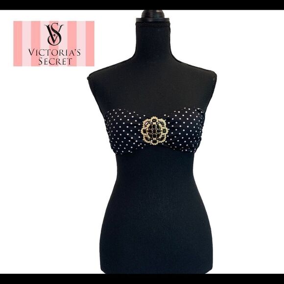 Victoria Secret polkadot bandeau bikini top black white gem rhinestone jewelled - Picture 1 of 8